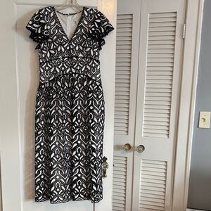 Monique Lhuillier Black and White Patterned Midi Dress
